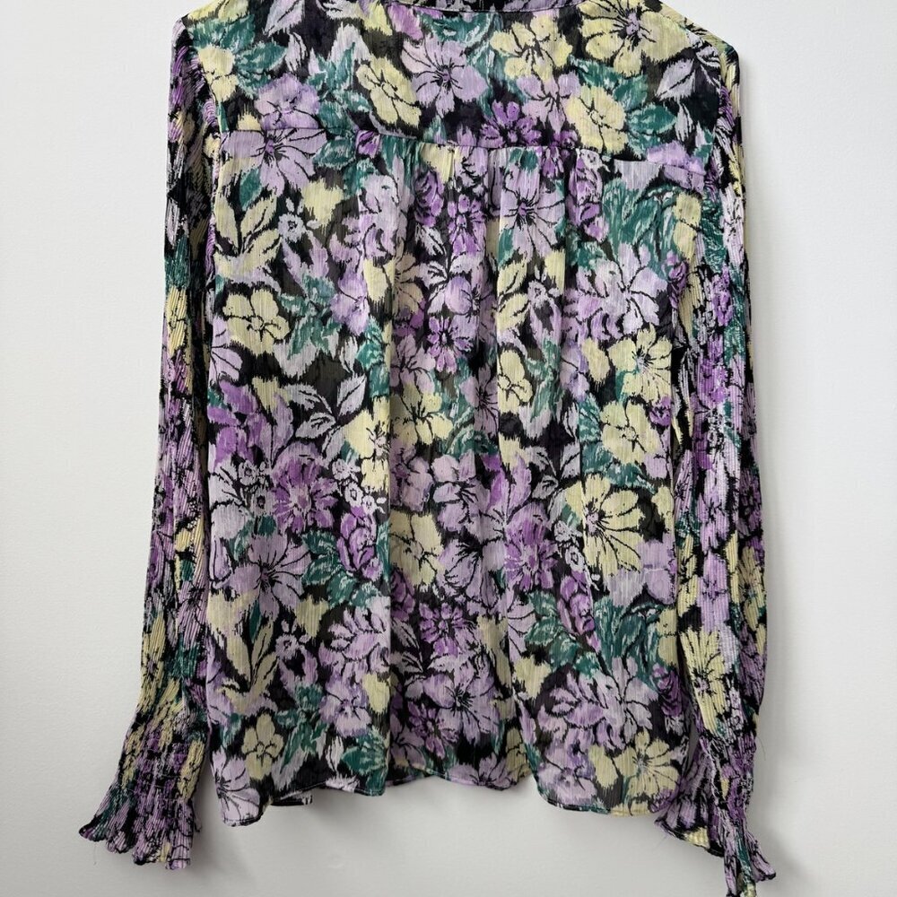 MNG Size 6 Elegant Floral Print Pleated Blouse with Bell Sleeves - Purple Yellow - Picture 2 of 4